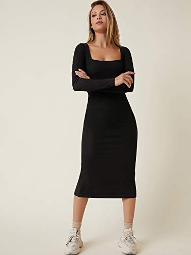 Verdusa Women's Basic Square Neck Long Sleeve Bodycon Pencil Dress Black S #TOP2