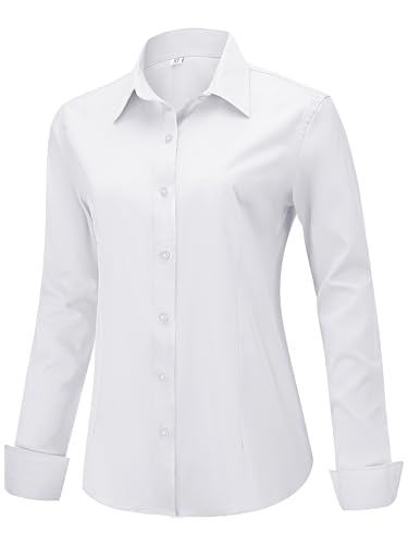 hearain White Blouse for Women Dress Shirt Button Up Down Collar Blouses Long Sleeve Fitted Shirts Dress Tops Women's Collared White Size S