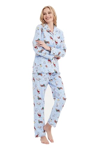GLOBAL Schlafanzüge Damen Flanell | Baumwolle Damen Pyjama Set | Zweiteiliger Nachtwäsche Damen Pjs Set Lang | Knopfleiste vorne und Kordelzug |Blauer Süßer Hund L