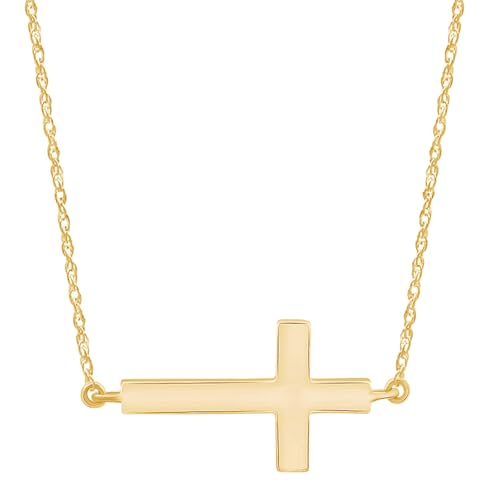 THE JEWEL ZONE Sideways Cross Necklace Pendant in 10k Solid Gold or 14K Gold Plated Sterling Silver, Off Centered Christian Religious Jewelry Gift for Women with 18