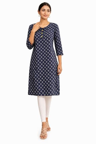 Image of Abhivesha Trends Women's Floral Printed Poly Crepe Kurti | 3 /4 Sleeve | Knee Length Straight Kurta for Women | Casual Office Wear | L