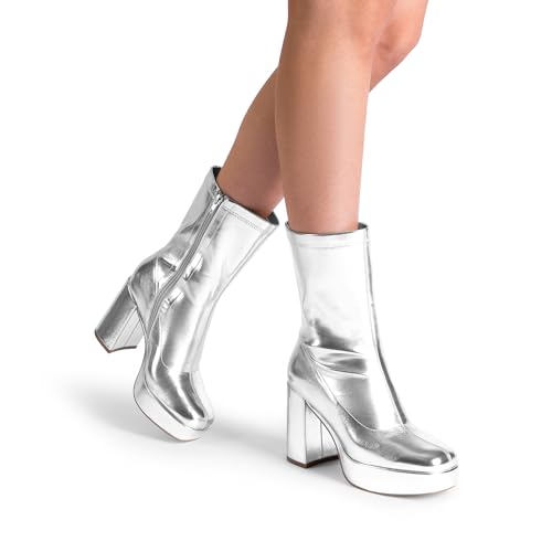 DREAM PAIRS Women's Mid Calf Gogo Boots Platform High Chunky Block Heel Square Toe Ankle Boots,Size 10,METALLIC SILVER,SDMB2410W