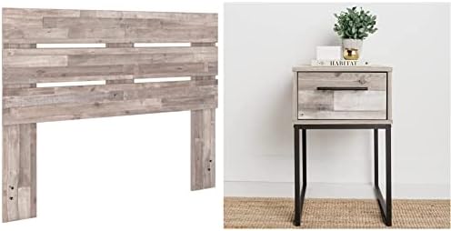 Signature Design by Ashley Neilsville Butcher Block Panel Headboard, Queen, Beige & Neilsville Industrial 1 Drawer Nightstand, Light Brown