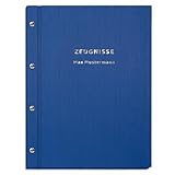Personalisierte Zeugnismappe in blauer Leinenoptik – 2-zeiliger Wunschtext als Prägung – 12 Hüllen für DIN-A4 Dokumente
