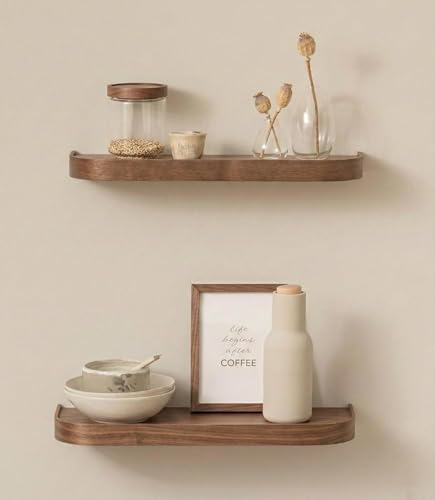 Kazai.® Mensole da Muro Set 'Toke' | 2 Mensola da Parete in Impiallacciato di Legno Vero | Scaffale in Legno Design per Decorazione e Organizzazione Bagno, Soggiorno, Cucina, Camera | Noce