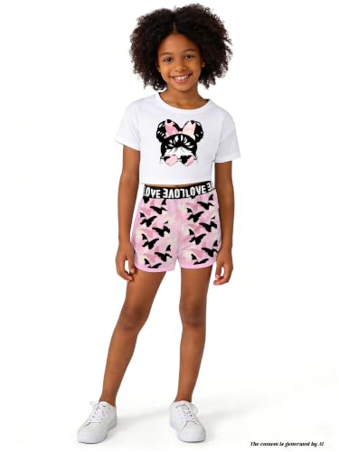 Image of Betusline Girls Summer 2 Piece Outfits,Kids Short Sleeve Crop Top & Shorts Set with Side Pockets