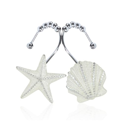 GASIYU Off-White Ocean Starfish Shell Shower Curtain Hooks with Roller Balls White Silver Glitter Finish Rustproof Stainless Steel Glide Rings Noise-Reduction Smooth Pull Set of 12