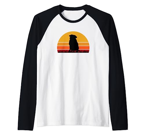 Pug Dog Doggie Pup Puppy Sunset Orange Black Retro Cute Raglan Baseball Tee