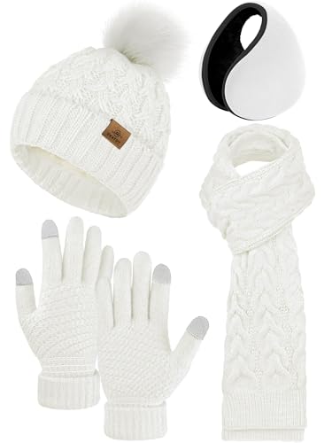 Gorro de punto con pompón y bufanda con guantes táctiles juego de invierno de 4 piezas en blanco M