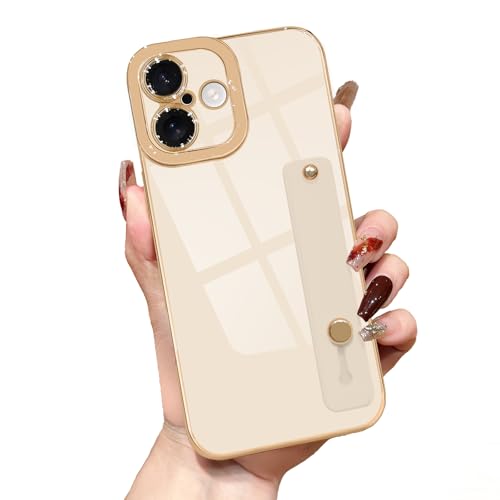 Lafunda for iPhone 17 Case Cute, Luxury Gold Edge Plated for Women Girls Elegant TPU Bumper Cover with Wrist Strap Kickstand Camera Protection Shockproof Silicone Phone Case for iPhone 17, White