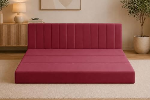 Image of Modern Velvet 3-Seater Sofa Cum Bed, Convertible Sleeper Couch Sofa for Living Room, Bedroom & Office- Red Color