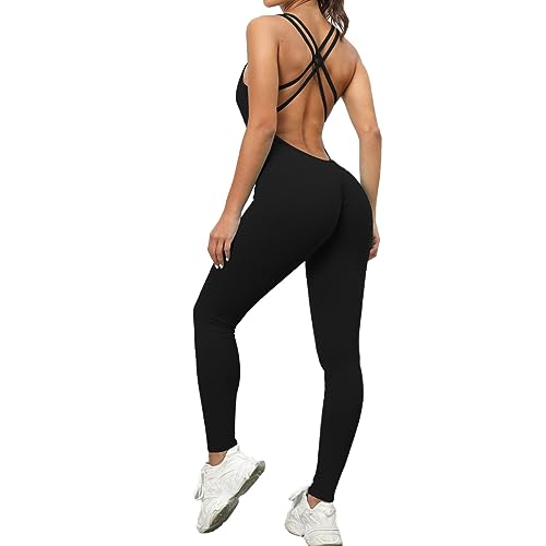 KOEMCY Jumpsuit Donna Tutina Sportiva Tuta Estiva Intera Aderente con Spalline Incrociate Body Pantaloni Lungo Completo Sportivo Elegante per Fitness Yoga Palestra