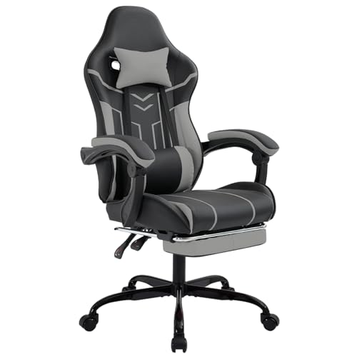 Image of Gaming Chair with Headrest and Lumbar Support, High Back Computer Office Desk Chair with Footrest, 360 Swivel Height Adjustable Recliner Game Chair (Gray Black)