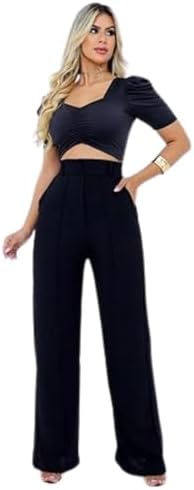 Calça Pantalona Feminina Alfaiataria Cintura Alta Cós Largo, Perna Ampla, Bolsos, Caimento Elegante Social para Trabalho Escritório e Casual