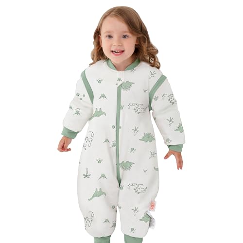 LAT Saco de Dormir para Bebé con Pies Mangas Extraíbles, 2.5 TOG Algodón Saco de Dormir de Invierno para Bebé Pijiama de Verano para Bebé (M, Dinosaurio Verde)