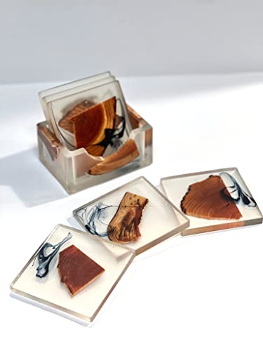 Ki-Luxury Cedar Wood And Epoxy Resin Coasters Set | 6 Modern Wooden Coasters For Table Or Bar To Serve Drinks And Coffee | Durable Décor Square Costers And Holder To Protect Your Table #TOP3