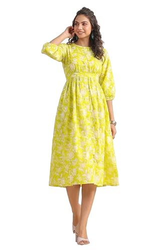 Image of Janasya Women's Cotton Floral Printed Gathered Dress