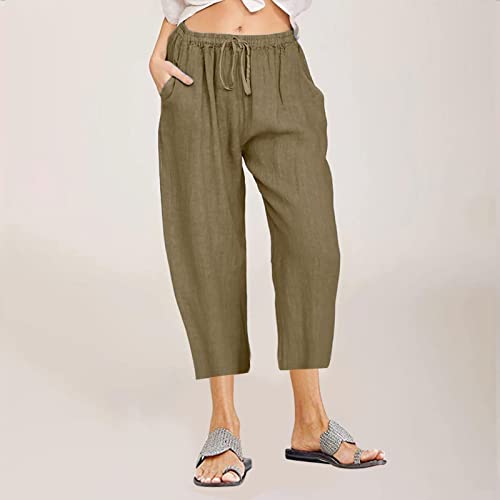 Linen Capris Pants for Women Summer Drawstring Elastic High Waist Linen Pant Straight Wide Leg Cropped Trouser Pants2