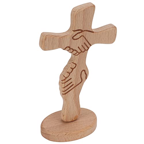 Tyenaza Statua a Croce, Decorazione da Tavolo a Croce in Legno Robusto Legno di faggio Durevole Modello di agitazione della Mano Stabile Struttura intagliata Ornamento a Croce Rustico