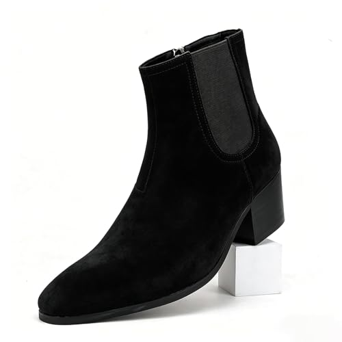 Image of Men'S Classic Leather Chunky Heel Chelsea Boots With Side Zipper Fashion Pointed Toe Elastic Band High Top Block High Heel Formal Chukka Booties For Casual Business Party Wedding