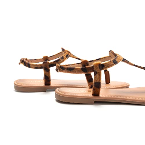 Colgo Thong Flat Sandals, Casual T Strap Dress Sandals, Adjustable Ankle Buckle Dress Thong Sandals With Strappy For Women Summer Wedding (New Leopard/Sdl,9) #TOP2