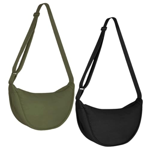 Hiuyavy Crescent Bag for Women Men 2 PCS Portable Crescent Purse Dumpling Hobos Crossbody Purse Shoulder Bag with Adjustable Strap (Army Green/Black)