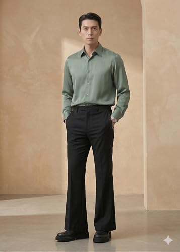Image of Men's Slim-Fit Flared Trouser, Japnese febric High-Waisted Modern Bootcut Bellbottom Pant, Black