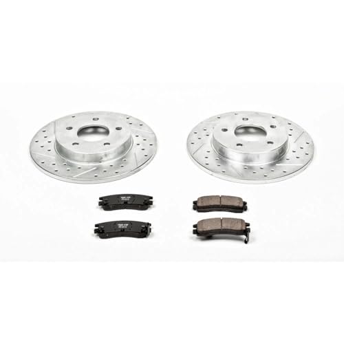 Image of PowerStop Rear Brake Kit for Cadillac DeVille 1994-96 |Eldorado 1992-96 |Seville 1992-96 - Drilled and Slotted Disc Rotors with Carbon-Fiber Ceramic Brake Pads Replacement, K3115