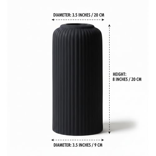 Image of KREATIVE ART'S Modern Ribbed Design Ceramic Flower Vase for Living Room, Flower Pots for Artificial Flower, Home Decoration Item, Home Decor, Vases for Living Room (Black, Medium)