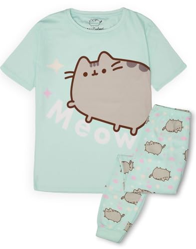 Pusheen Girls Pajama Set | Young Ladies Green Loungewear Short Sleeve T-Shirt & All Over Print Long Leg Pants Complete PJs