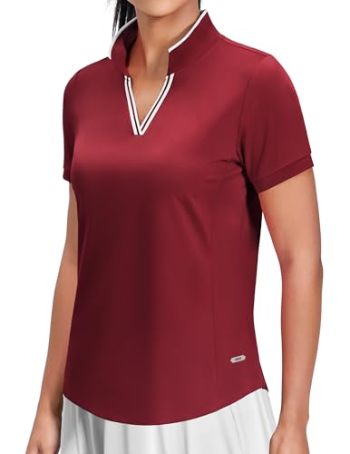 MIER V-Neck Polo Shirts for Women Short Sleeve UPF 50+ Sun Protection Golf Tennis Active Stretch Collared Shirt Tops, Dry Fit, Wine/White, Large