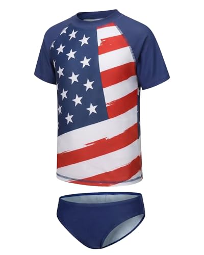 Image of Girls Two Piece Swimsuits Short Sleeve Rash Guard Swim Shirt Bikini Bottom Swim Set Bathing Swim Set Swimwear 3-16 Years
