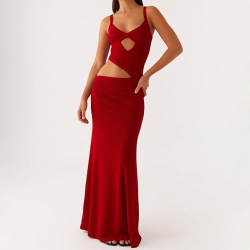 Image of Women Cut Out Maxi Dress Sleeveless Spaghetti Strap V Neck Backless Summer Bodycon Long Dress Party Dress