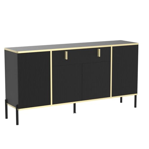 FAMAPY Modern Credenza Sideboard Buffet with Drawer & Pop-Up Doors, Buffet Sideboard Storage Cabinet with Black Metal Legs, for Living Room Hallway Black and Gold (63”W x 15.7”D x 31.5”H)