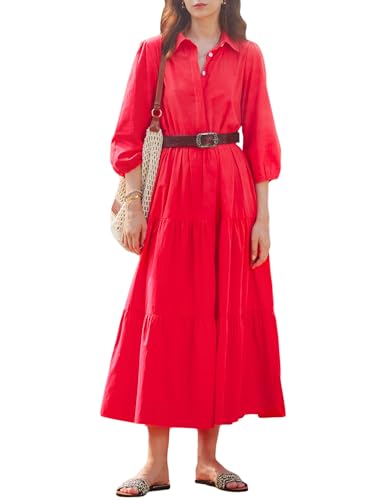 Image of Women Button Down Maxi Shirt Dress Long Sleeve Flowy Tiered Collared Dresses with Pockets