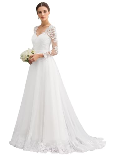 HUINI Tüll Elegantes Brautkleid Spitzen Lange Ärmel, V-Ausschnitt A-Linie Hochzeitskleider für die Braut mit Schleppe Elfenbein 48