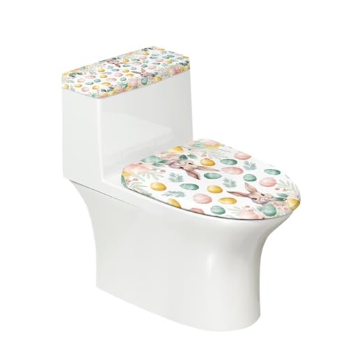 Sellikakes Luxury Cartoon Rabbit Egg 2 Pack Toilet Lid Cover Set, Stretchy Polyester Spandex Fabric, Durable Bathroom Toilet Lid Seat Cover Set, Easter Decor