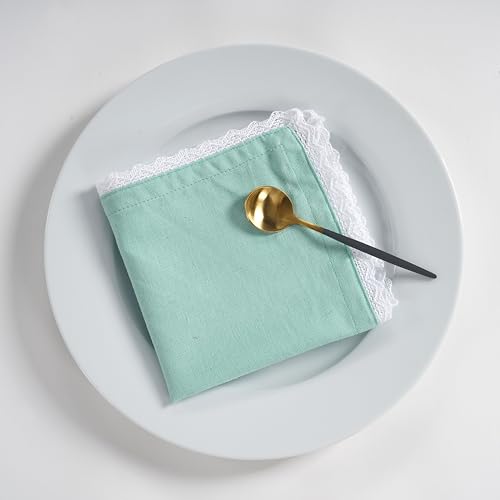 Image of FINGERCRAFT Cloth Napkins Set of 12 (12x12 Inch) - Cotton Linen Blend Dinner Napkins with Trim Lace Edge & Mitered Corners, Reusable Farmhouse Table Napkins for Wedding, Party & Daily Dining (Aqua)
