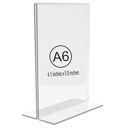 Image of NEILL Top Perfect Acrylic Sign Holder T Shape Size-A6(4.1 inchx5.8 inch), Pack of 6 Pcs Double Sided Portrait Display Stand Table for Restaurants, Promotions, Classroom