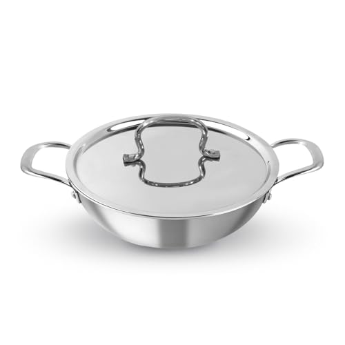 Image of Kichera Triply Stainless Steel Kadai with lid | 22cm /8.7 inch, 1.8Ltr, 1.5kg| Smooth Finished Flat Bottom Induction Deep Fry Kadhai |Ideal for All cooktops Cookware | 3 Layer Kadai for Cooking