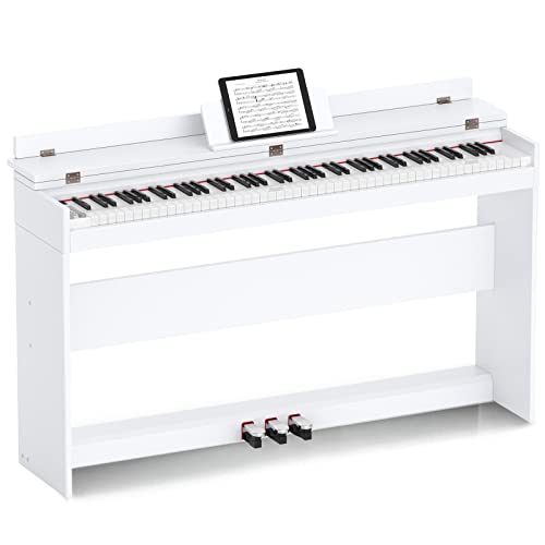 Costzon 88-Key Digital Piano, Full Size Semi-Weighted Electric Keyboard w/Furniture Stand, Power Adapter, Triple Pedals, 2 Headphone Jacks, MIDI/USB/MP3 Function, Upright Piano for Beginner (White)