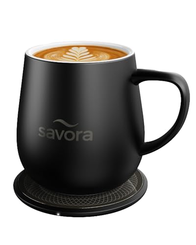 Savora Temperature Control Smart Mug with Wireless Charging Pad - 12oz Ceramic Coffee Mug Warmer Set | Maintains 135°F, IntelliHeat Technology | App-Free Design, USB-C Powered - Black