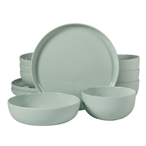 Image of Gibson Home Candy Skies 12 Piece Unbreakable Wheat Straw Melamine Plates and Bowls Dinnerware Set - Outdoor, Camping, & Everyday Use - Matte Exterior/Shiny Interior Green