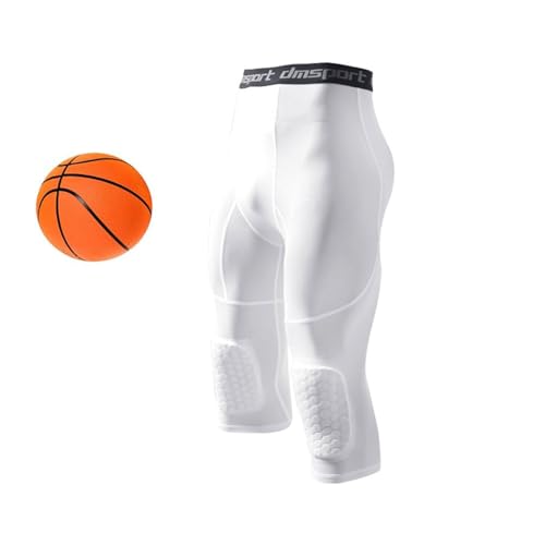 Basketball Pants with Knee Pads, Compression Pants 3/4 Knee Pad Capri Leggings, Anti-Collision, Cool and Dry Leggings, Capri Tights, Football, Basketball, Sports Underwear (White,M)