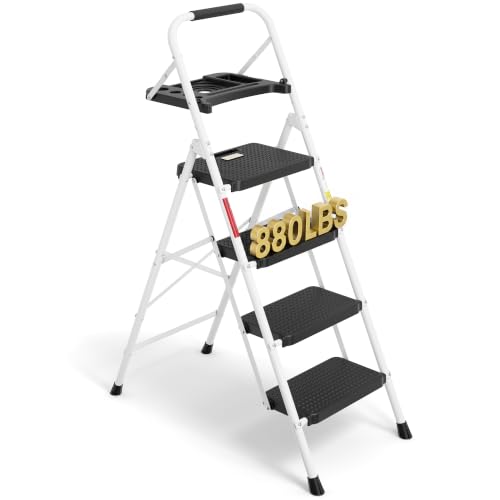 BONTEC Trittleiter 4 Stufen Klappbar, 150 kg Kapazität, Stahl, Weiß
