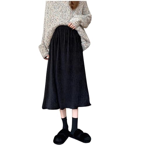 A Line Skirts for Womens Midi Length Swing Flowy Long Skirt Elastic Waist Fashion Trendy Office Work Maxi Skirts Black