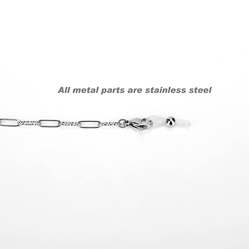 Image of Eyeglass Chain Silver Stainless Steel Handmade Necklace for Reading Glasses Sunglass Beaded Chains for Men Women