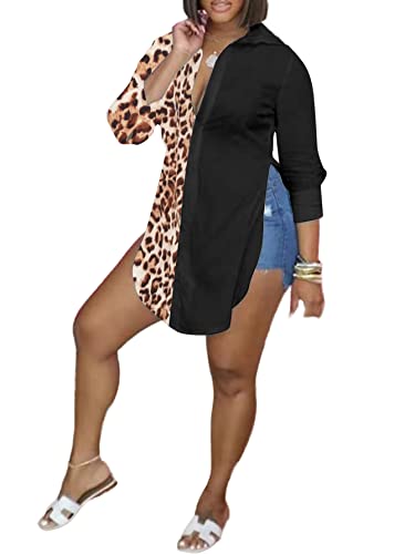 Image of LYANER Women's Collar Neck Long Sleeve Button Down Shirts Sexy Split Hem Tops Long Blouse Shirt Dress