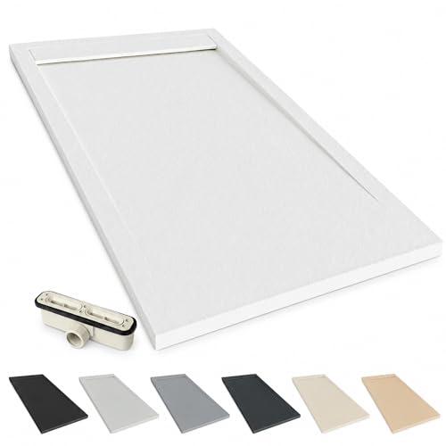 NEBADOON | Plato de Ducha de Modelo Venecia – Plato Ducha Resina con Textura Pizarra - Antideslizante y Antibacteriano – Blanco (RAL 9003) 70x100 cm – Incluye Válvula Desagüe y Rejilla
