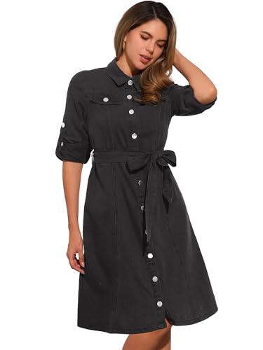 Image of Allegra K Denim Dress for Women's Long Sleeve Button Down A-Line Belted Classic Jean Dresses
